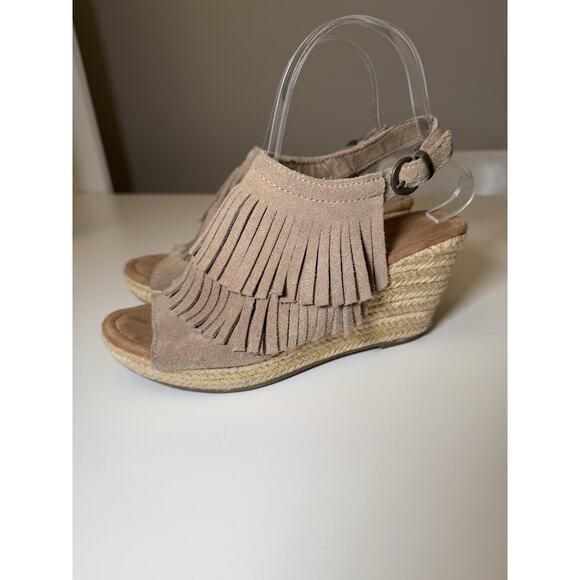 Minnetonka Sz 7 Espadrille Wedge Tan Sandal Ashley Fringe Suede Leather - Picture 1 of 8
